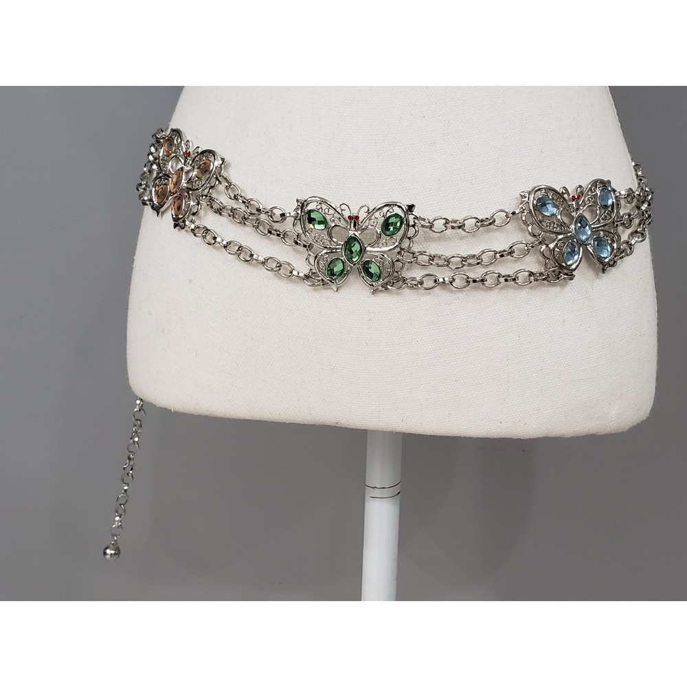 Vintage Y2K Butterfly Rhinestone Silver Chain Belt Pink Blue Rainbow 90s 2000s